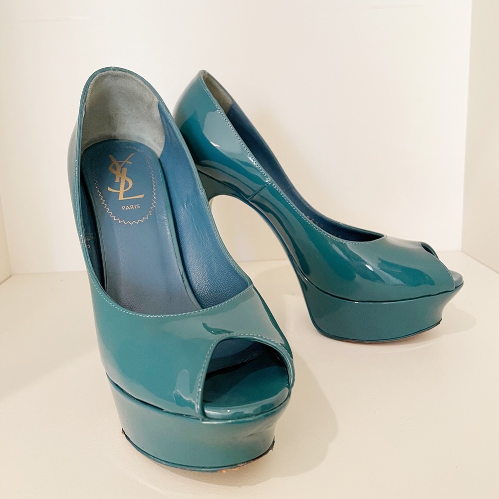 Yves Saint Laurent Palais Patent Leather Peep Toe Heels Teal Blue Size 36.5 - Picture 5 of 15
